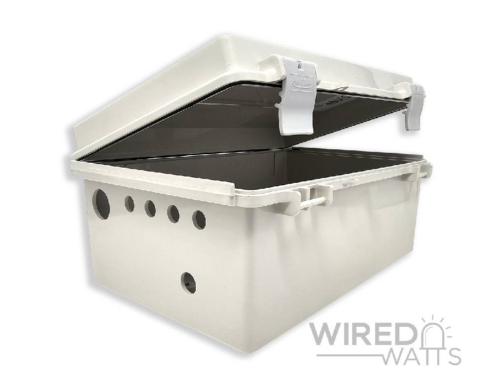 NBF-32016 by Bud Industries Weatherproof Enclosure Precision Cut 4 Pigtail Holes 1 RJ45 Holes