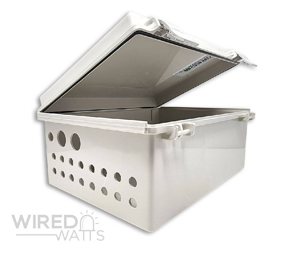 NBF-32022 by Bud Industries Weatherproof Enclosure Precision Cut 16 Pigtail Holes 2 RJ45 Holes