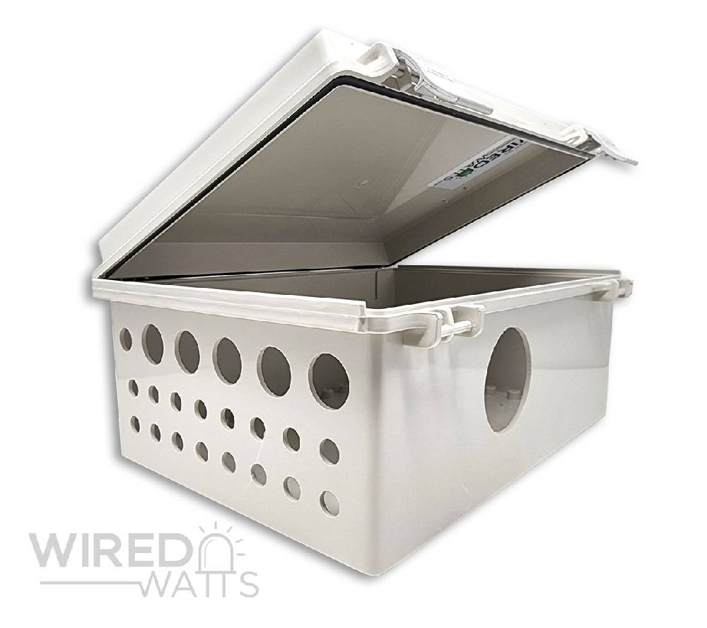 NBF-32022 by Bud Industries Weatherproof Enclosure Precision Cut 16 Pigtail Holes 5 RJ45 Holes With Vent
